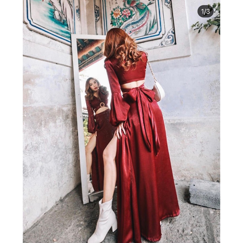 [MAXI] Sét Maxi đi biển váy maxi đỏ khoen xẻ