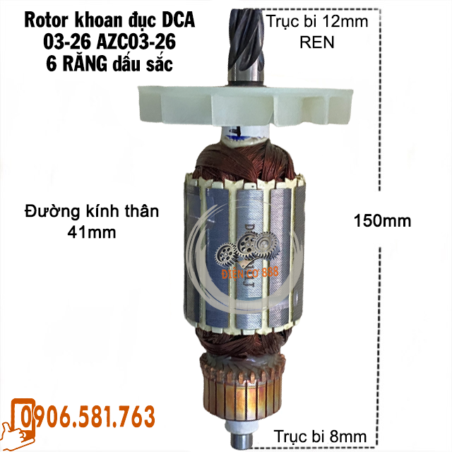Rotor khoan đục DCA 03-26 AZC03-26 6 RĂNG Thân 41mm Dài 149mm dây đồng 220V - Tặng chổi than