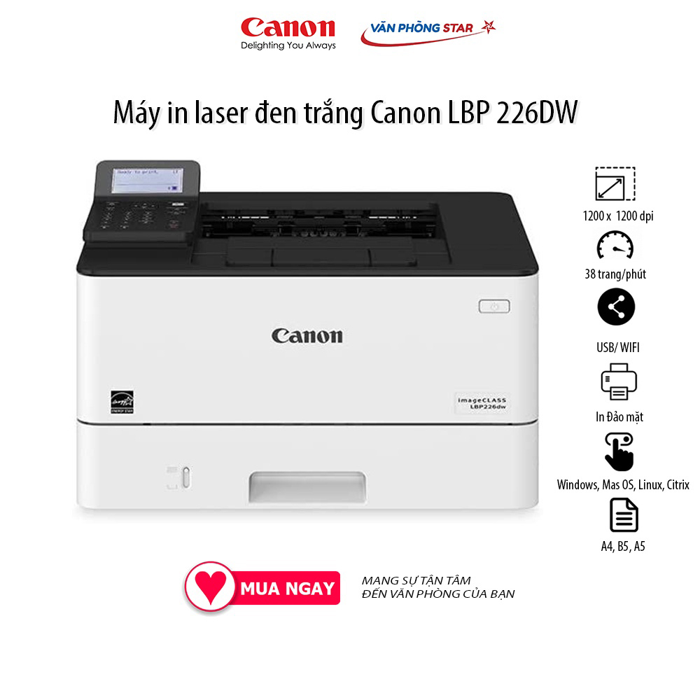 [FREESHIP] Máy in Canon LBP 226DW mới 100% bảo hành 12 tháng tại Vanphongstar, tốc độ in 38 trang/phút, máy in có wifi, in đảo mặt tự động sử dụng hộp mực in Cartridge 057 và 057H