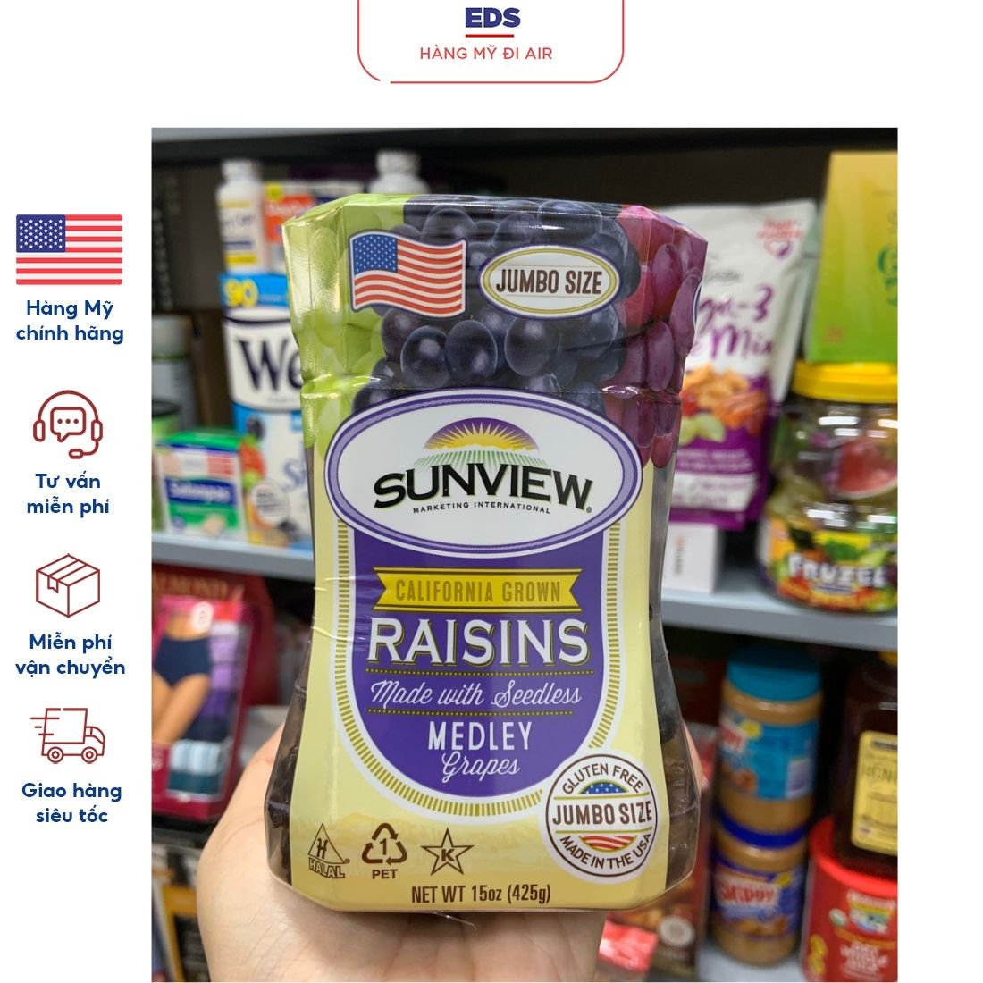 Nho khô mỹ sunview raisins date 9/2025 nhập khẩu từ mỹ hộp 425gr - eds hàng mỹ