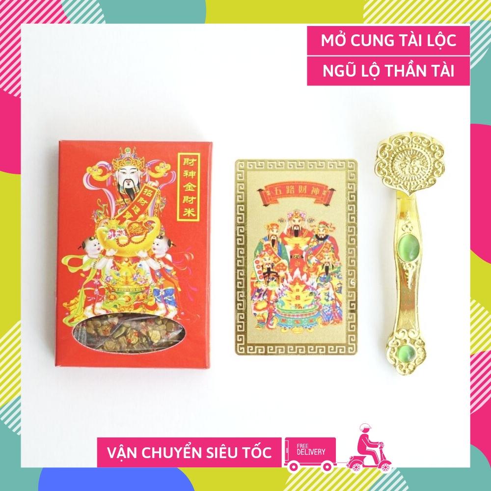 Bộ Ngũ Lộ Thần Tài phù + Gạo vàng + Gậy như ý giàu có