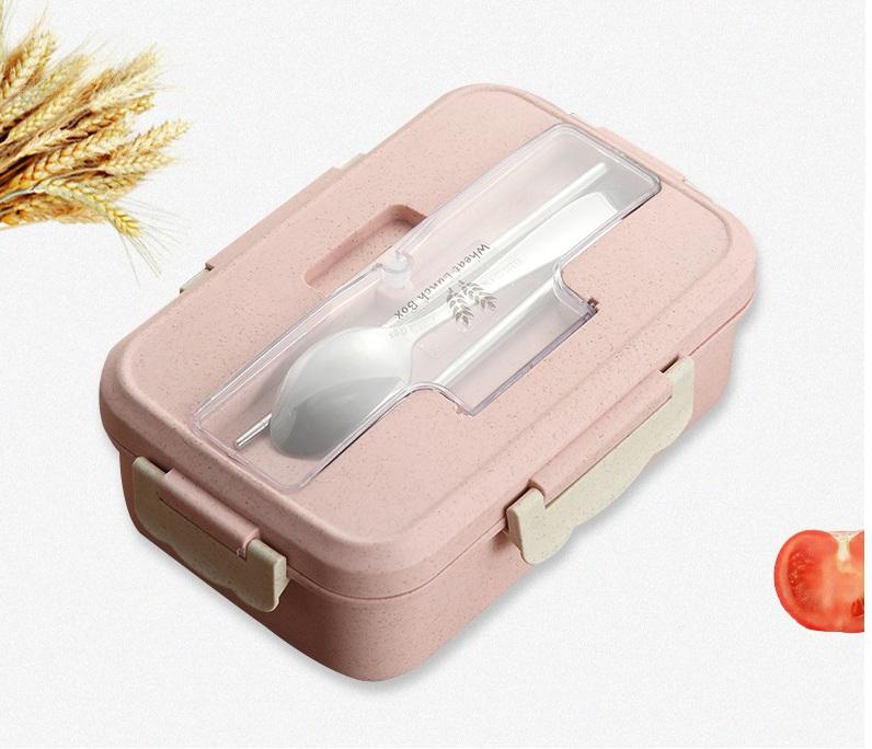 Hộp Đựng Cơm Lúa Mạch 1 Tầng 3 Ngăn Kèm Đũa Và Thìa Inox
