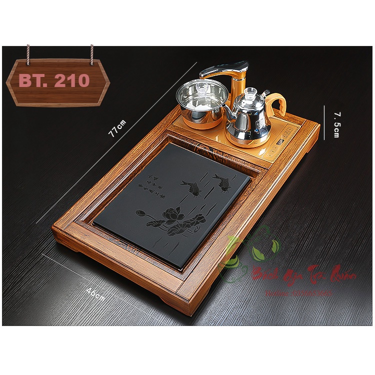 Bộ khay trà gỗ mun đuôi công mặt đá hoa cương song ngư cát hạnh cao cấp