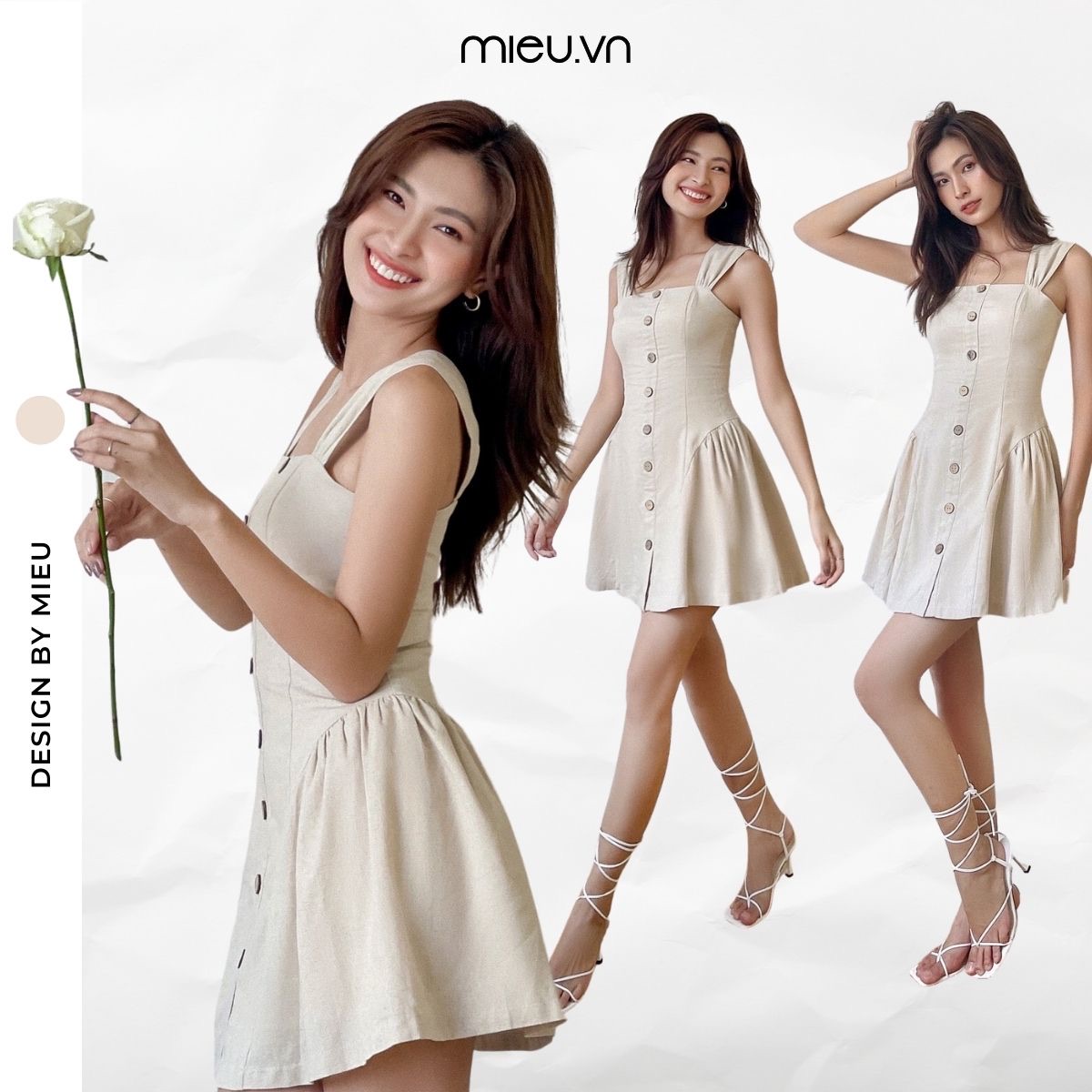 Đầm ngắn MIEU linen nút gỗ - GN20 (Xanh đậm/Be)