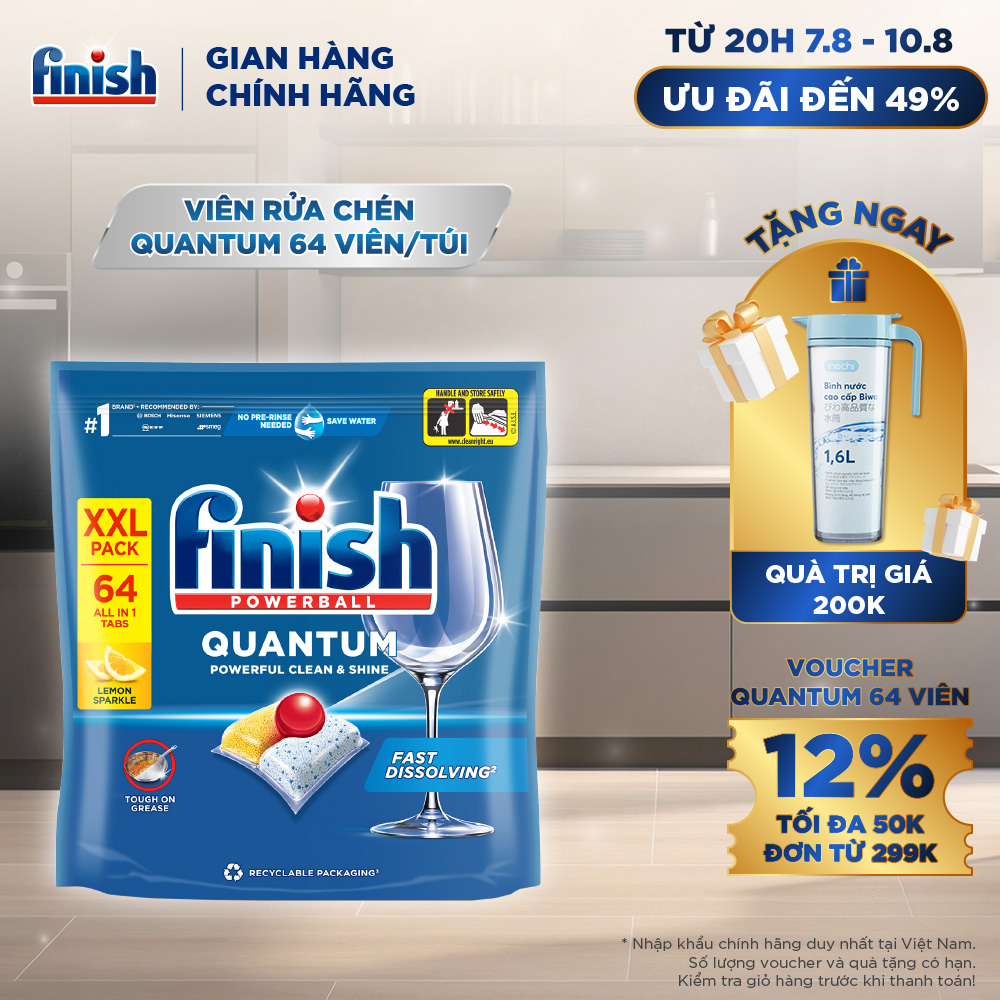 Viên Rửa Chén Bát Finish Powerball Quantum Powerful Clean & Shine 64 viên