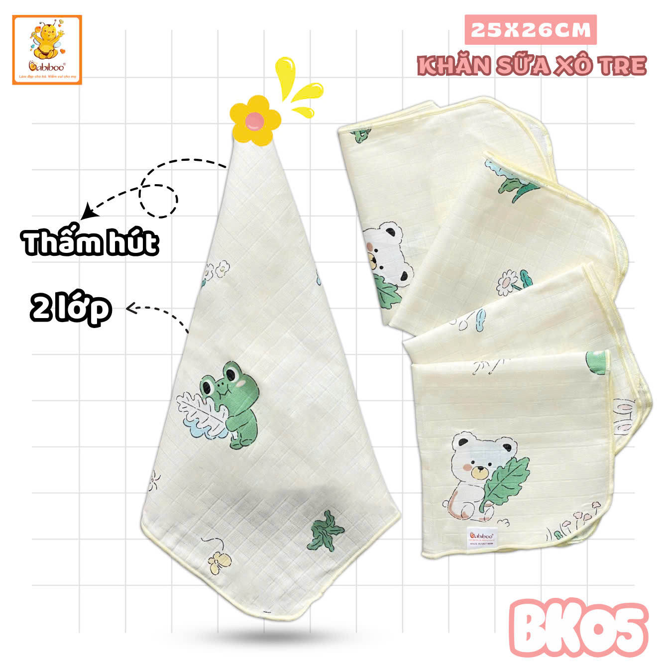 Khăn gạc sơ sinh BABIBOO khăn cho bé sơ sinh (SET 5 KHĂN) BK05