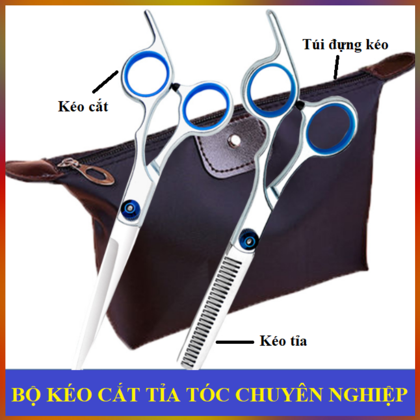 Bộ 02 Chiếc Kéo Cắt Tóc, Tỉa Tóc Chuyên Nghiệp Làm Bằng Thép Nguyên Chất Không Gỉ Kèm Túi Đựng