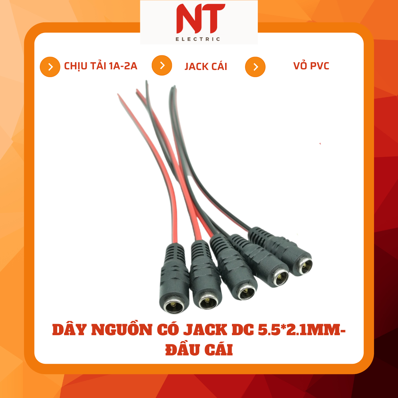 Dây nguồn có jack DC 5.5*2.1mm, đầu cái (combo 4 dây)