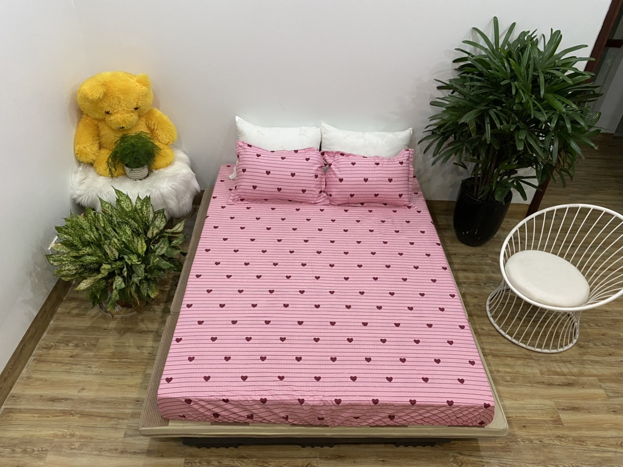 Set Ga Gối Hình Tim Đỏ Cực Cute ( bao gồm 1 ga chun + 2 vỏ gối) có đầy đủ kích thước từ 1m2 đến 2m2