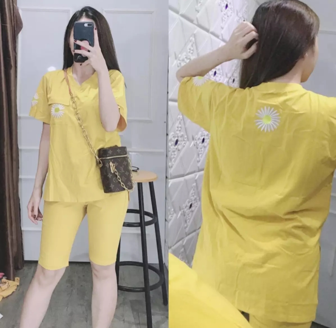 [HCM]Set Bộ Lửng Mặc Nhà In Hình Hoa Cúc Phối Túi Dễ Thương Vải Dày Mịn Mát Thiết Kế Thời Trang ( Vàng )