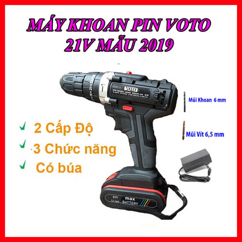 Máy khoan pin voto 21v cầm tay có búa đảo chiều 2 tốc độ - máy bắn vít voto 21v mẫu 2019