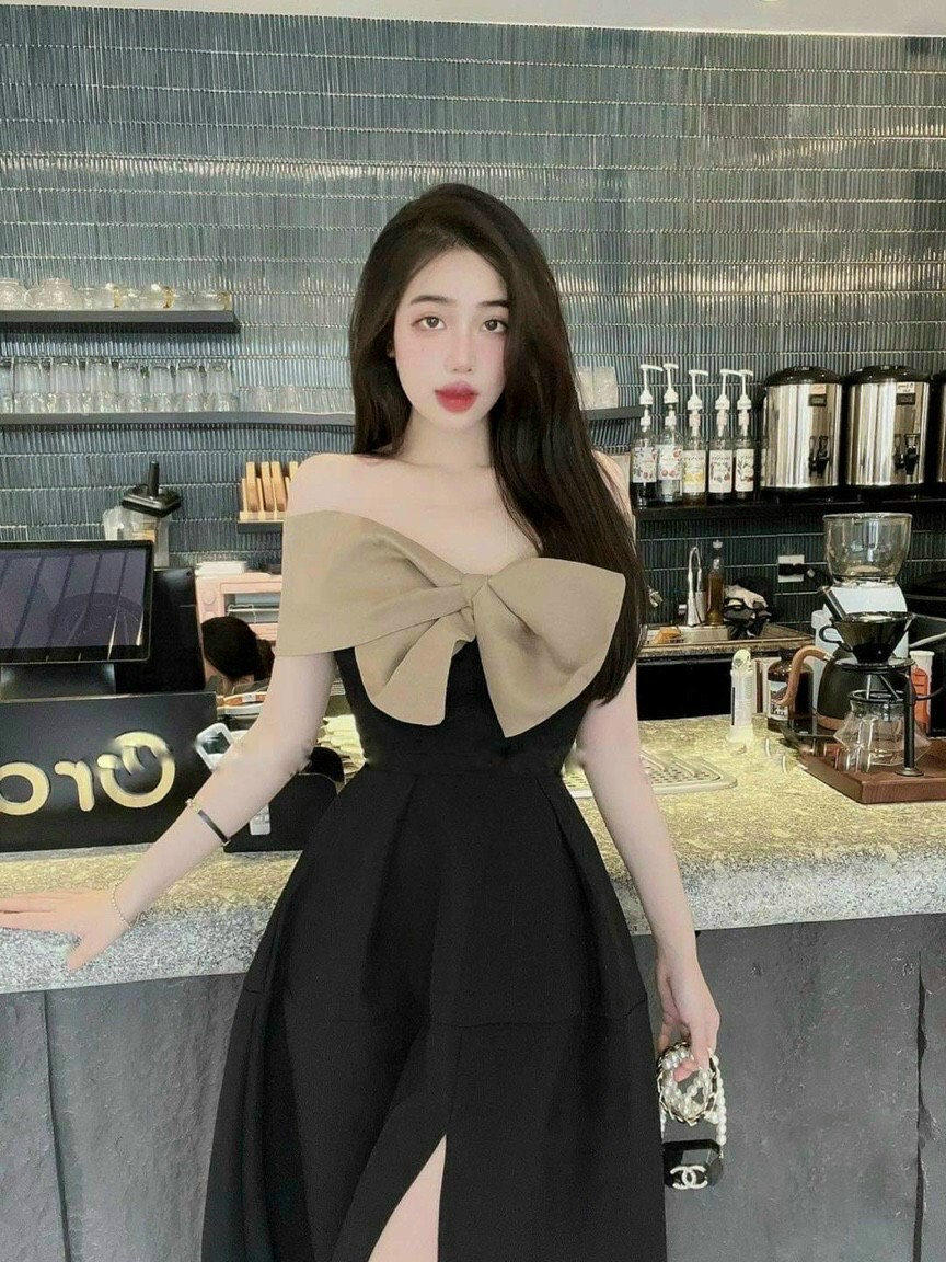 Đầm dự tiệc trễ vai nơ ngực xẻ tà đen sang chảnh dd038