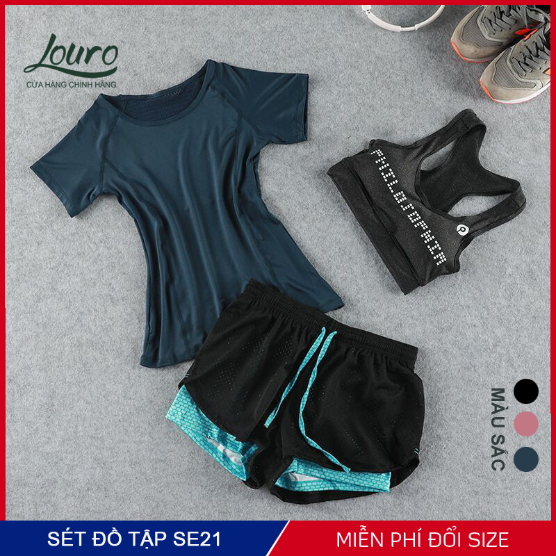 Bộ đồ tập gym nữ Louro SE22, kiểu đồ tập gym nữ cộc, quần short, áo bra, áo lưới - sét 3 món