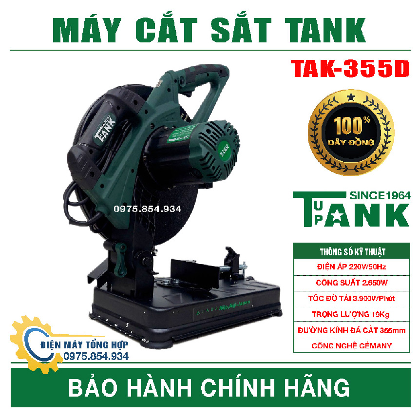Máy cắt sắt Tank TAK 355D, máy cắt bàn công suất 2650W lưỡi cắt 355mm dây đồng 100%
