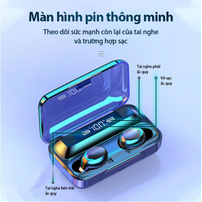 Tai nghe bluetooth không dây BTH F9 5 TWS , tai nghe bluetooth 5.0 F9 pro max chống nước chống bụi, âm thanh vòm 9D chống ồn, mic HD nghe gọi rõ nét, tai nghe pin trâu dùng cho mọi điện thoại