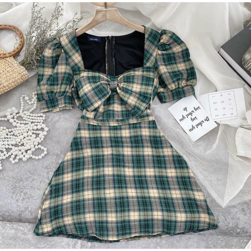 Đầm caro cổ vuông nơ ngực + Ảnh thật