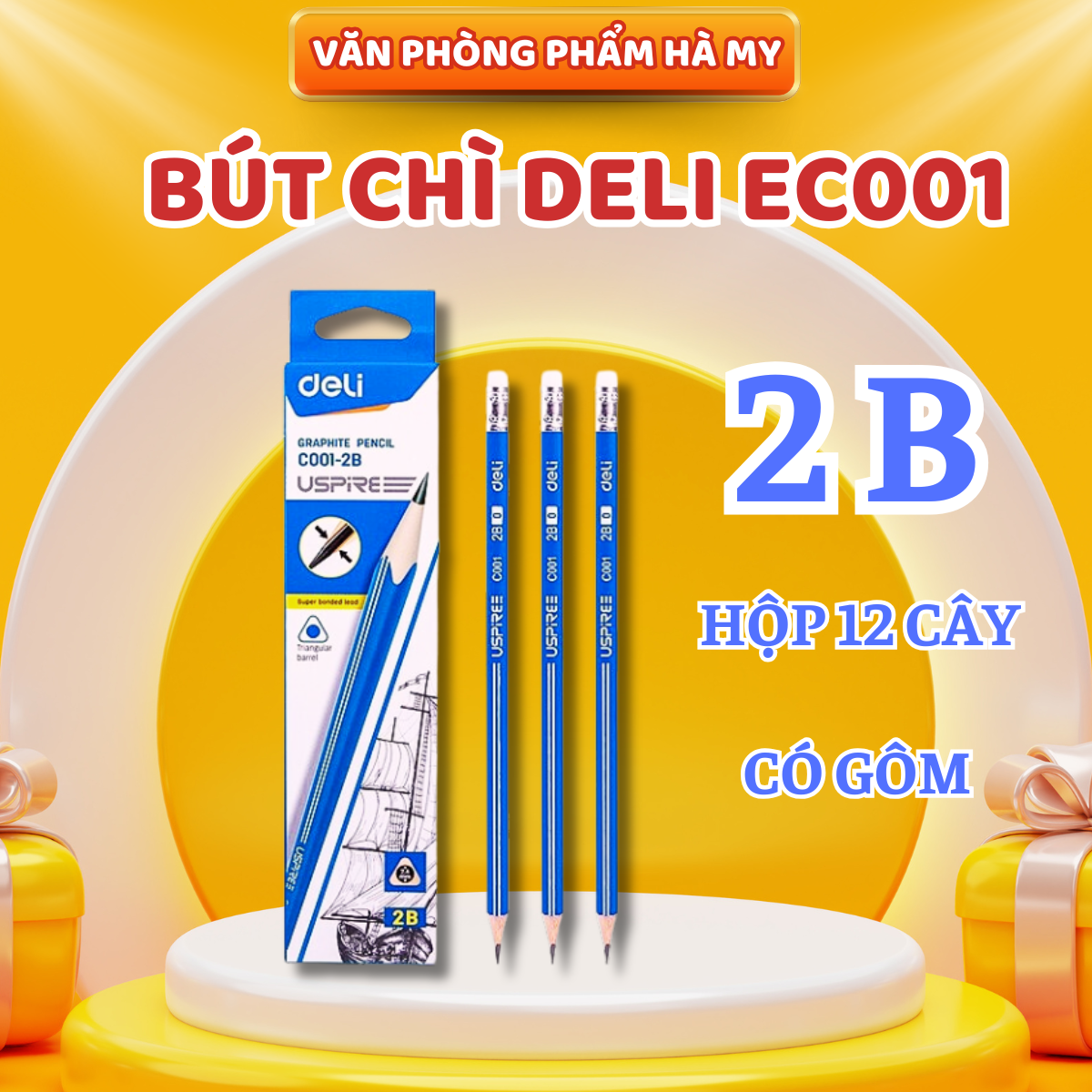 (Hộp 12 Cây) Bút chì tam giác 2B Deli EC001 Có Gôm