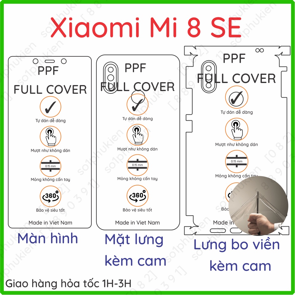 Dán PPF Xiaomi MI 8 SE loại nhám, trong dành cho màn hình, mặt lưng , full viền