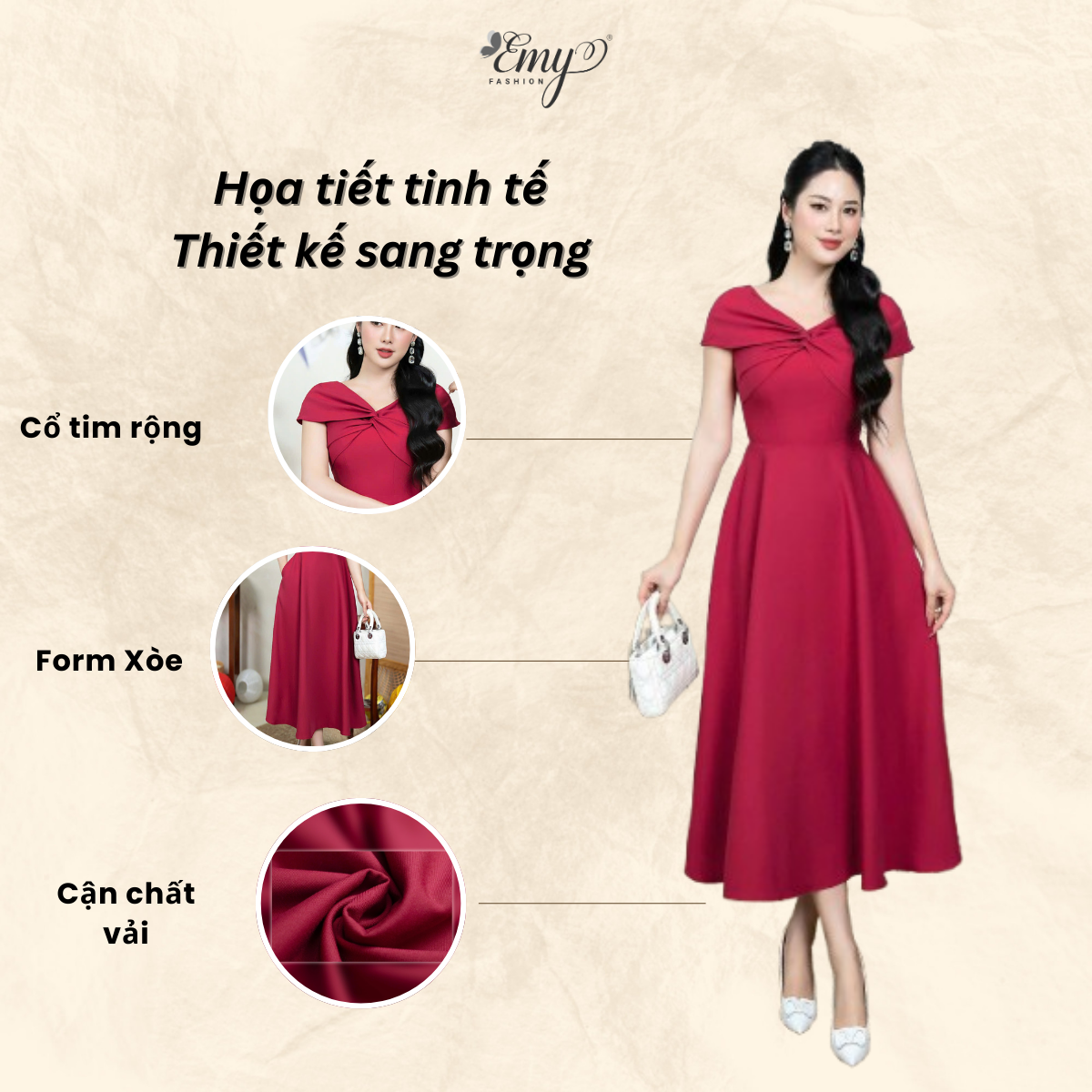 Đầm EMY EM9359 Xoè Đỏ Đổ Cổ V Xoắn Ngực