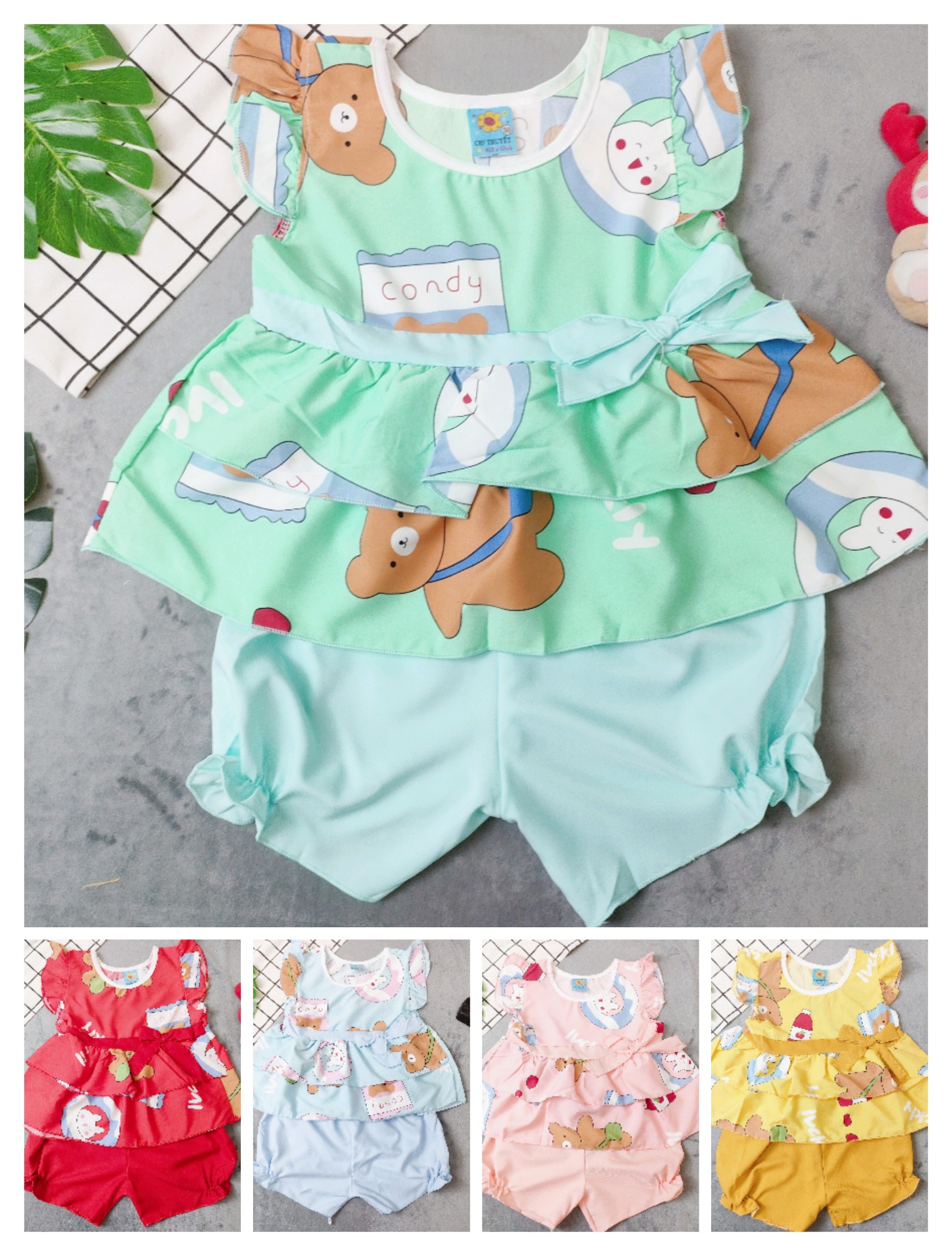 Bộ Lụa Tầng Phối Nơ Bé (giao màu ngẫu nhiên) (12-18kg)