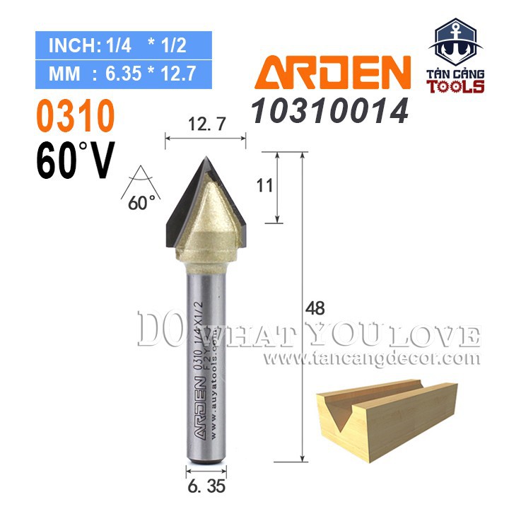 Mũi router arden đánh rãnh v 45/60 độ cốt 6.35 mm