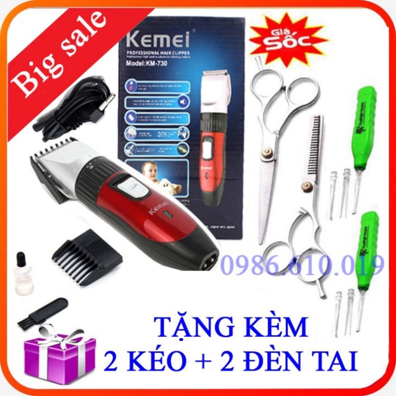 Tông đơ cắt tóc gia đình Kemei KM-730 - Máy Cắt Tóc Kemei Sạc Điện SIêu Tiện (Tặng 2 kéo, 2 đèn) - Bảo hành lỗi 1 đổi 1