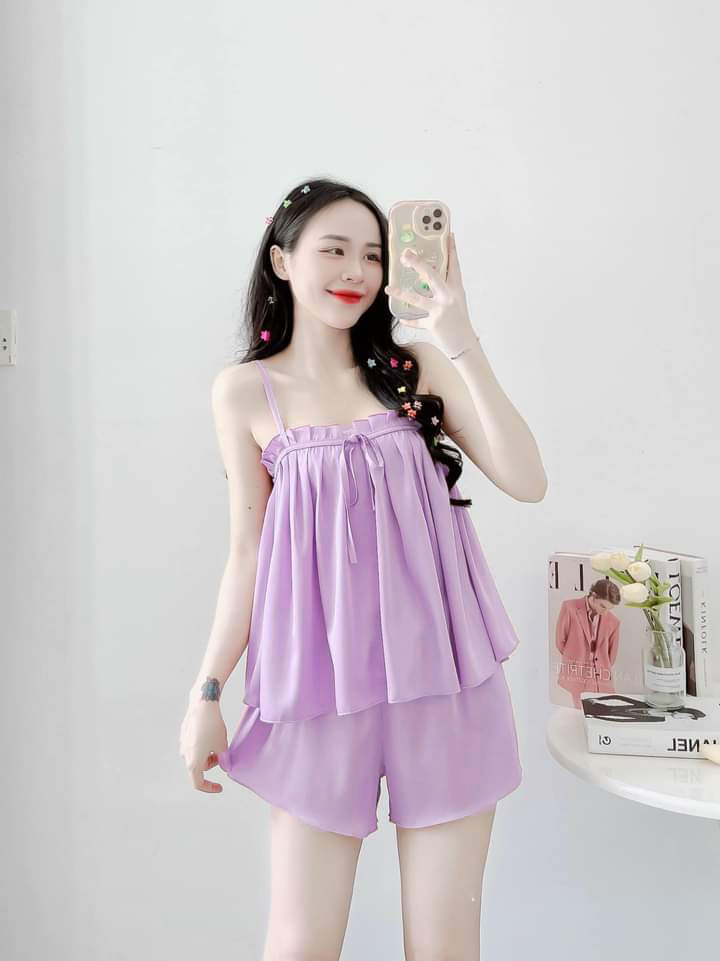 Đồ Bộ Đùi Dây Phối Ren Vải Phi Lụa Mềm Mại  Freesize 45-57kg Đồ Bộ Đùi Vải Phi Lụa Mềm Mát