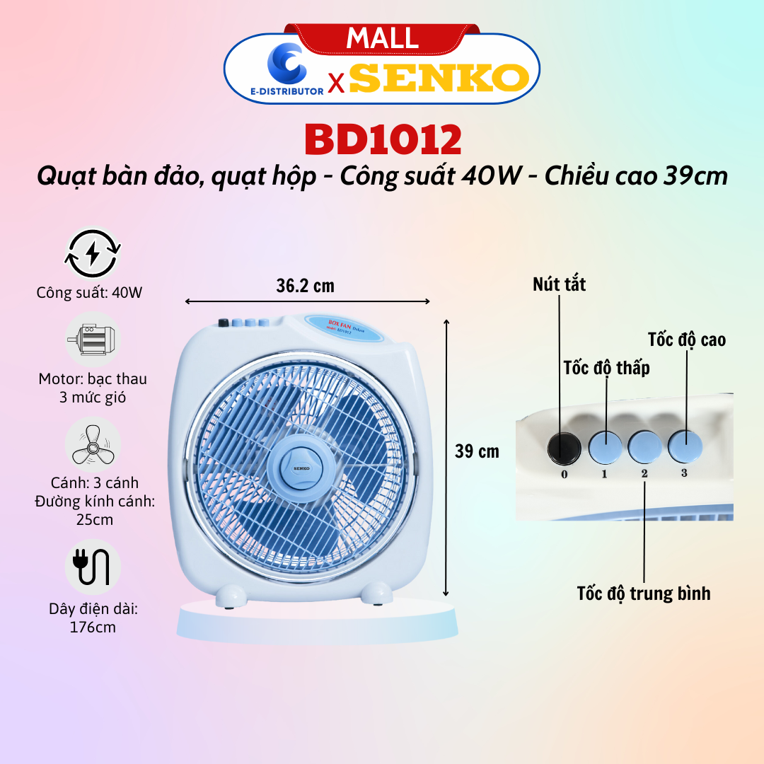 Quạt bàn đảo 3 tấc senko bd1012 cao cấp - công suất 40w - màu ngẫu nhiên - hàng chính hãng