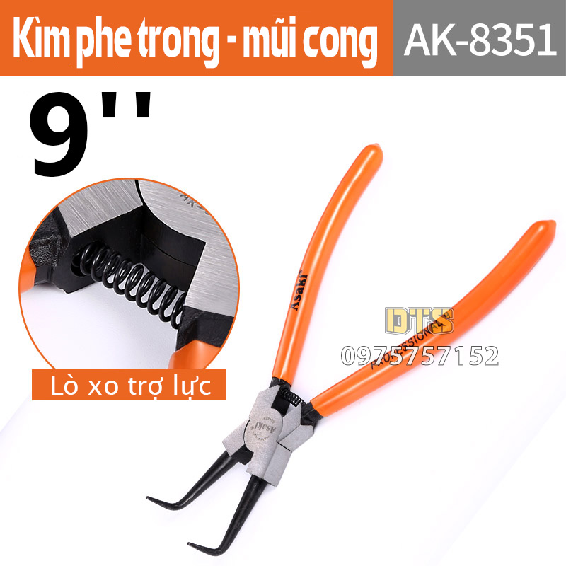 Kìm bóp phe mỏ cong hãng Asaki đủ kích thước 7'' 9'' 13'' AK-8349 AK-8351 AK-8352, Kìm phe trong mũi cong thép CR-V lò xo trợ lực, kìm phanh, kềm phe chuyên nghiệp, kềm bóp phe vòng trong, kìm bóp phanh trong, kim bop phe