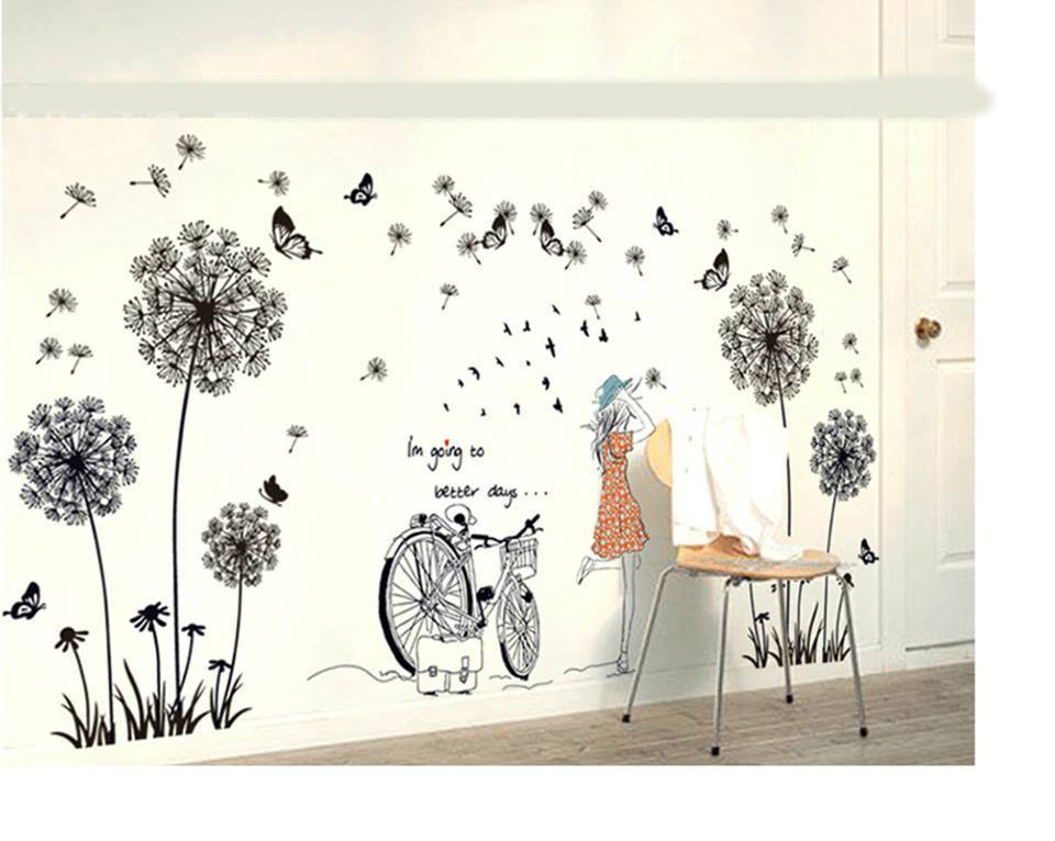 Decal dán tường đôi bồ công anh đen và cô gái xe đạp