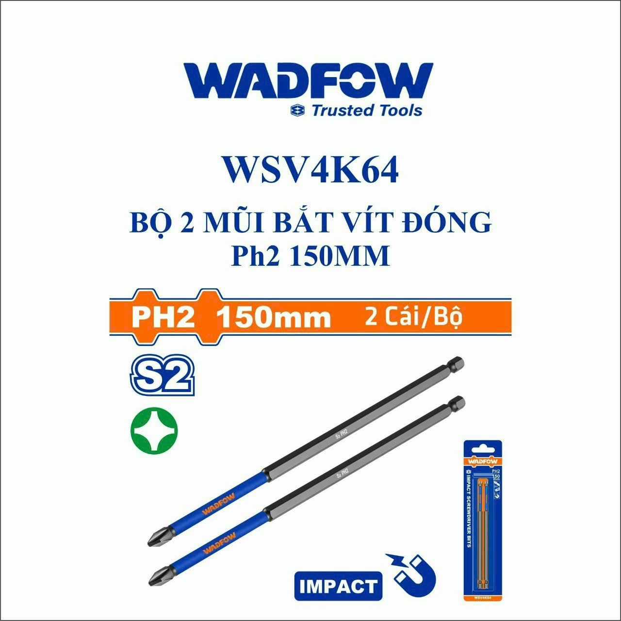 Wsv4k64	bộ 2 mũi bắt vít đóng ph2 150mm wadfow