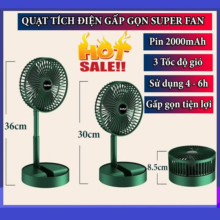 Quạt tích điện gập gọn Super có khay để điện thoại - 40x20 cm - 3 tốc độ gió kèm đèn đa năng