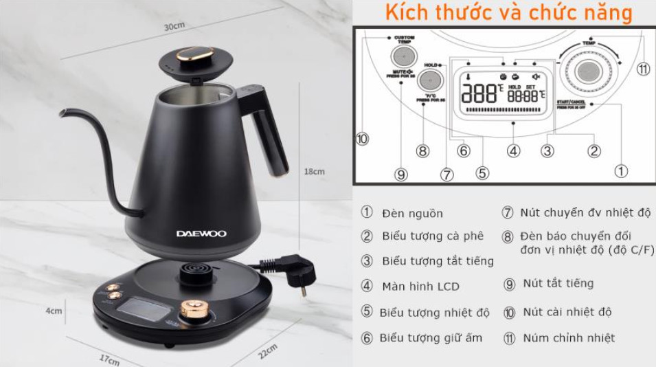 DAEWOO ẤM ĐUN SIÊU TỐC DWK-GN10LCD - Hàng chính hãng