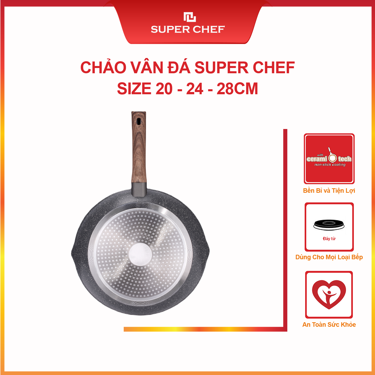 Chảo Chống dính Vân Đá Super Chef 2 miệng rót Siêu Bền Bỉ (20-24-28 cm)