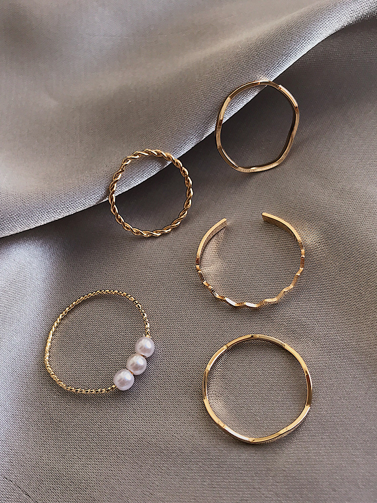 [ Free Size ] Set 5 Nhẫn Đính Ngọc Trai Phong Cách Hàn Quốc Màu Vàng Và Bạc Basic