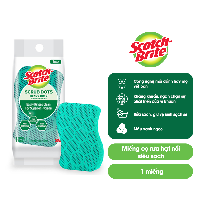 Miếng rửa chén Scotch Brite 3M 2950 hạt nổi Siêu sạch màu xanh ngọc