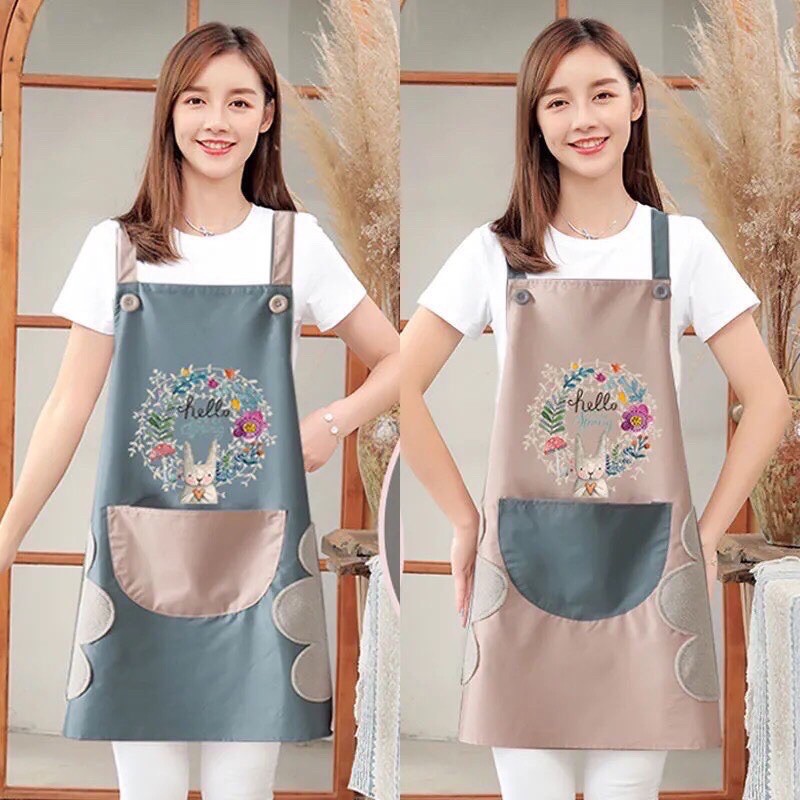 Tạp Dề Hoạ Tiết Thỏ Xinh Chống Thấm Nước Có Lau Tay, Tạp Dề Thỏ Cao Cấp