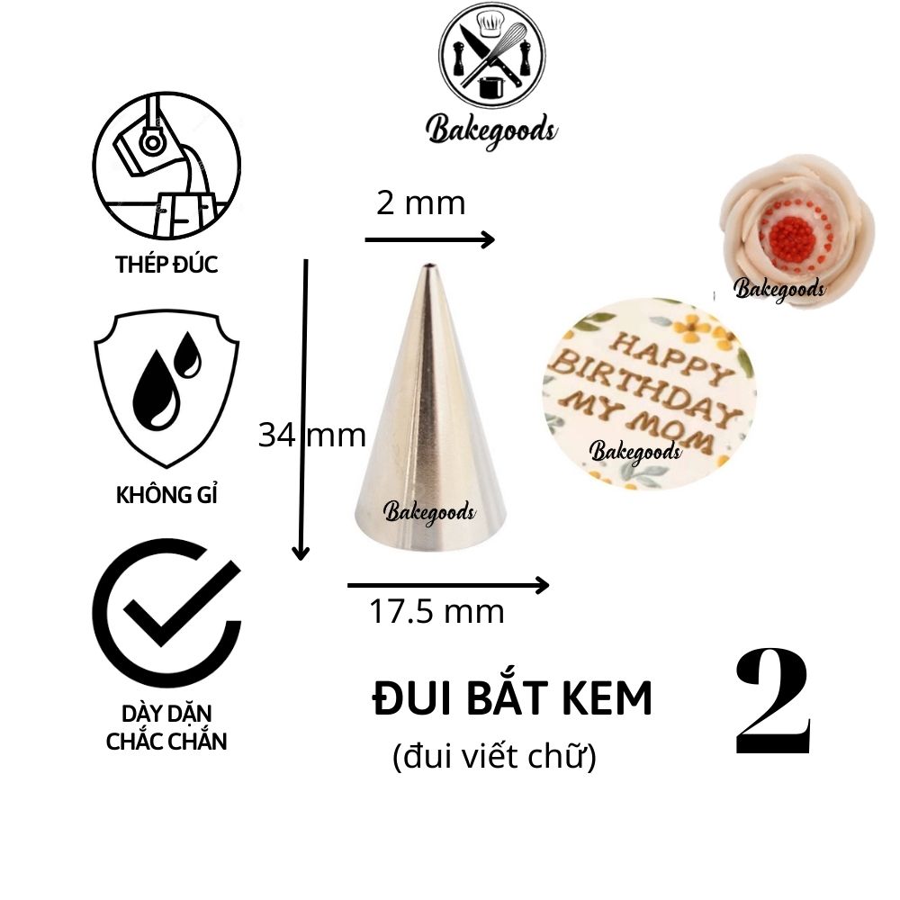 Đui bắt kem số 2, Đuôi bắt kem, Đui viết chữ trang trí bánh bằng thép không gỉ đúc liền khối dày dặn, cứng cáp
