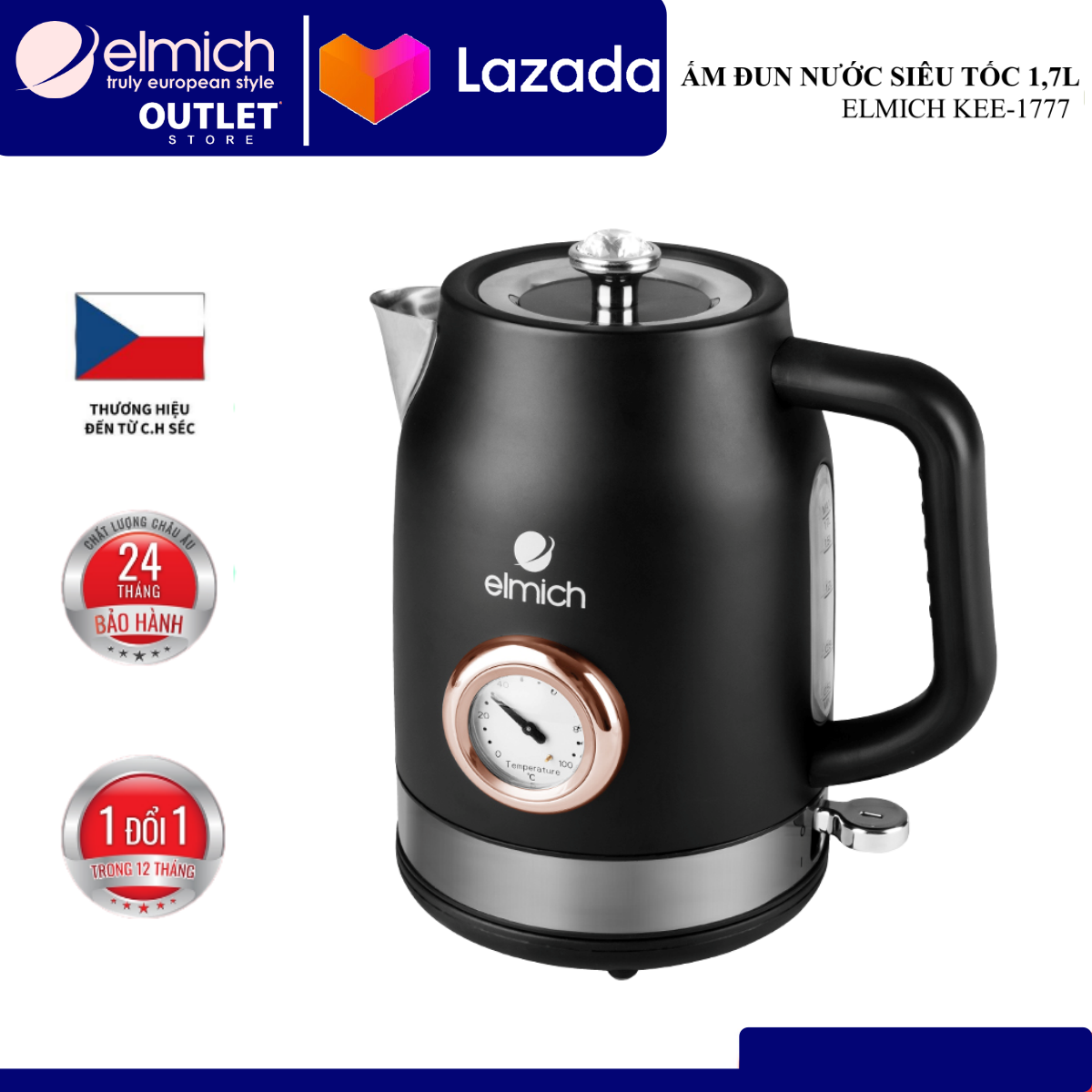 Ấm đun nước siêu tốc Elmich KEE1777 (Dung tích 1.7L, Mầu Đen, Bảo hành 36 tháng)