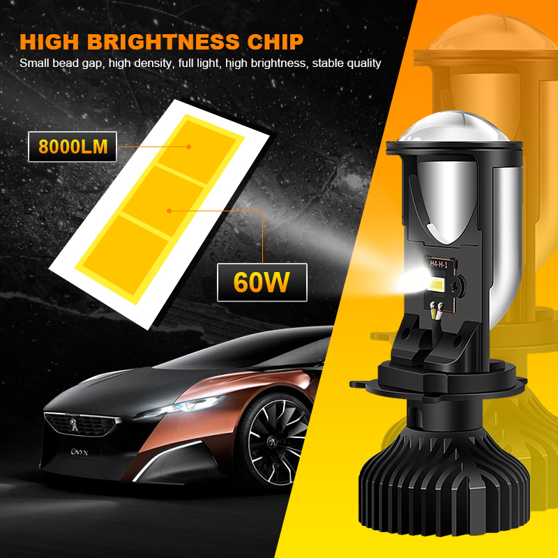 Car LED Headlight Mini Projector Lens Headlight Bulbs 6000K 8000LM