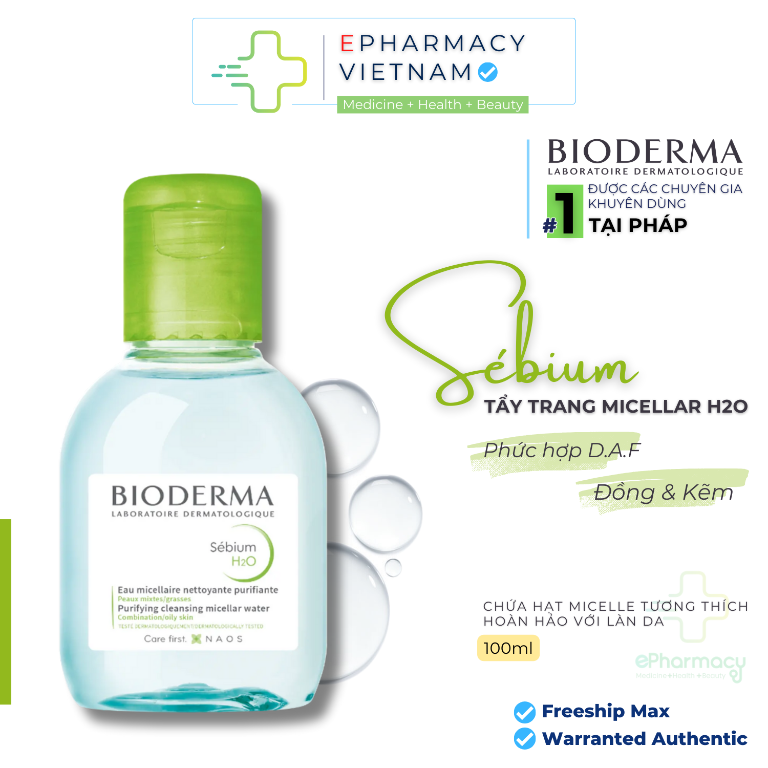 Nước tẩy trang Bioderma Xanh dành cho da dầu, mụn - Bioderma Micellar Bioderma Sebium H2O