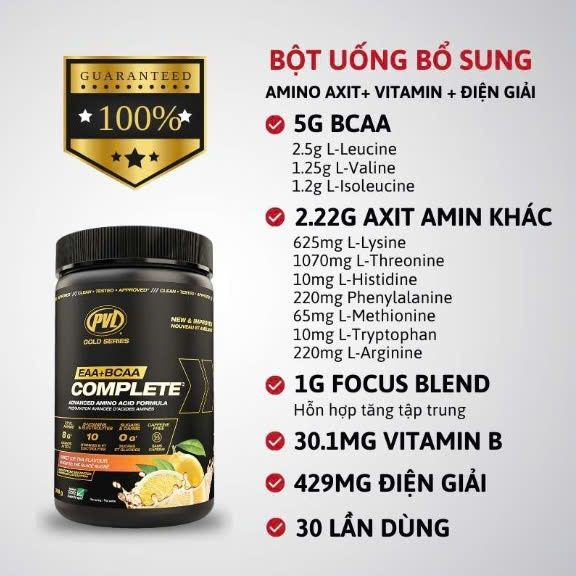 PVL EAA BCAA Complete 30 lần dùng giúp phục hồi và phát triển cơ bắp