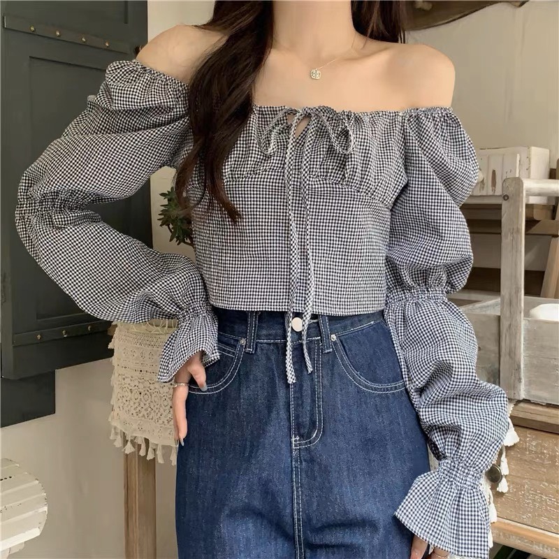 Áo kẻ dài tay bo chun bồng nơ ngực dáng croptop mặc 2 kiểu lưng chun
