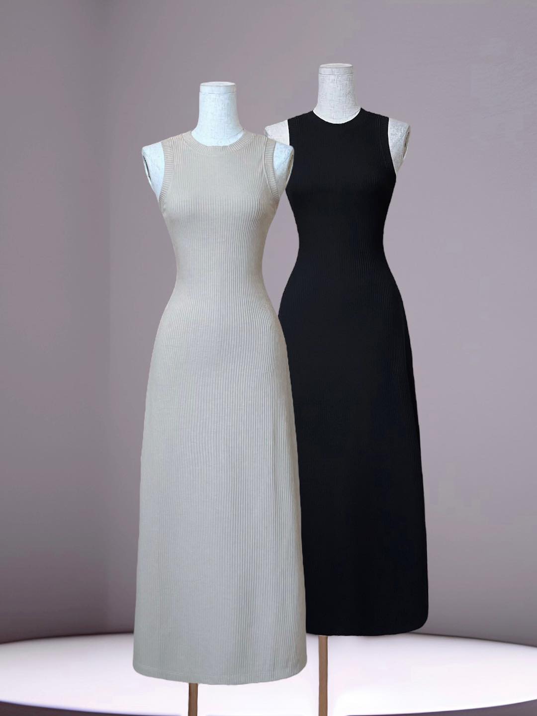 Đầm maxi thun gân cổ tròn kiểu basic thanh lịch