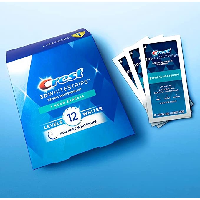 Miếng dán trắng răng cấp tốc trong 1 giờ siêu mạnh Crest 3D White 1-Hour Express USA