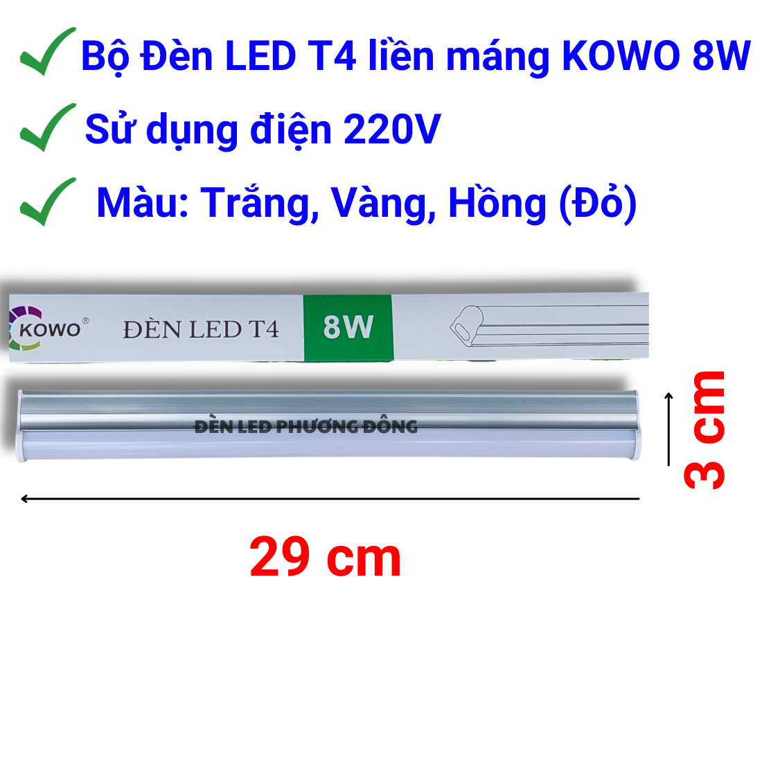 Bộ Đèn LED T4 máng Nhôm LED Liền thân dài 29cm, 42cm, 47cm, 51cm màu Trắng Vàng Hồng