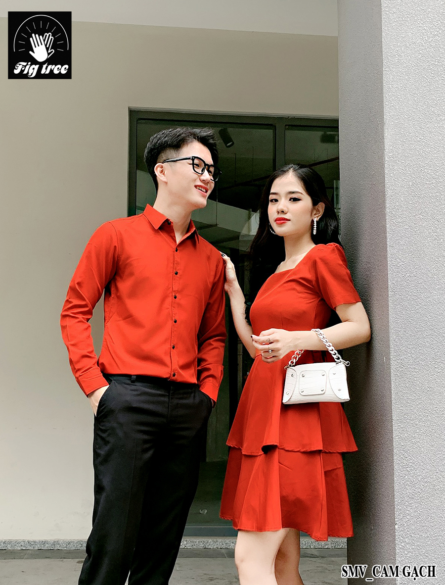 Áo sơ mi váy cặp màu cam gạch siêu hot đủ size( xem bảng size)