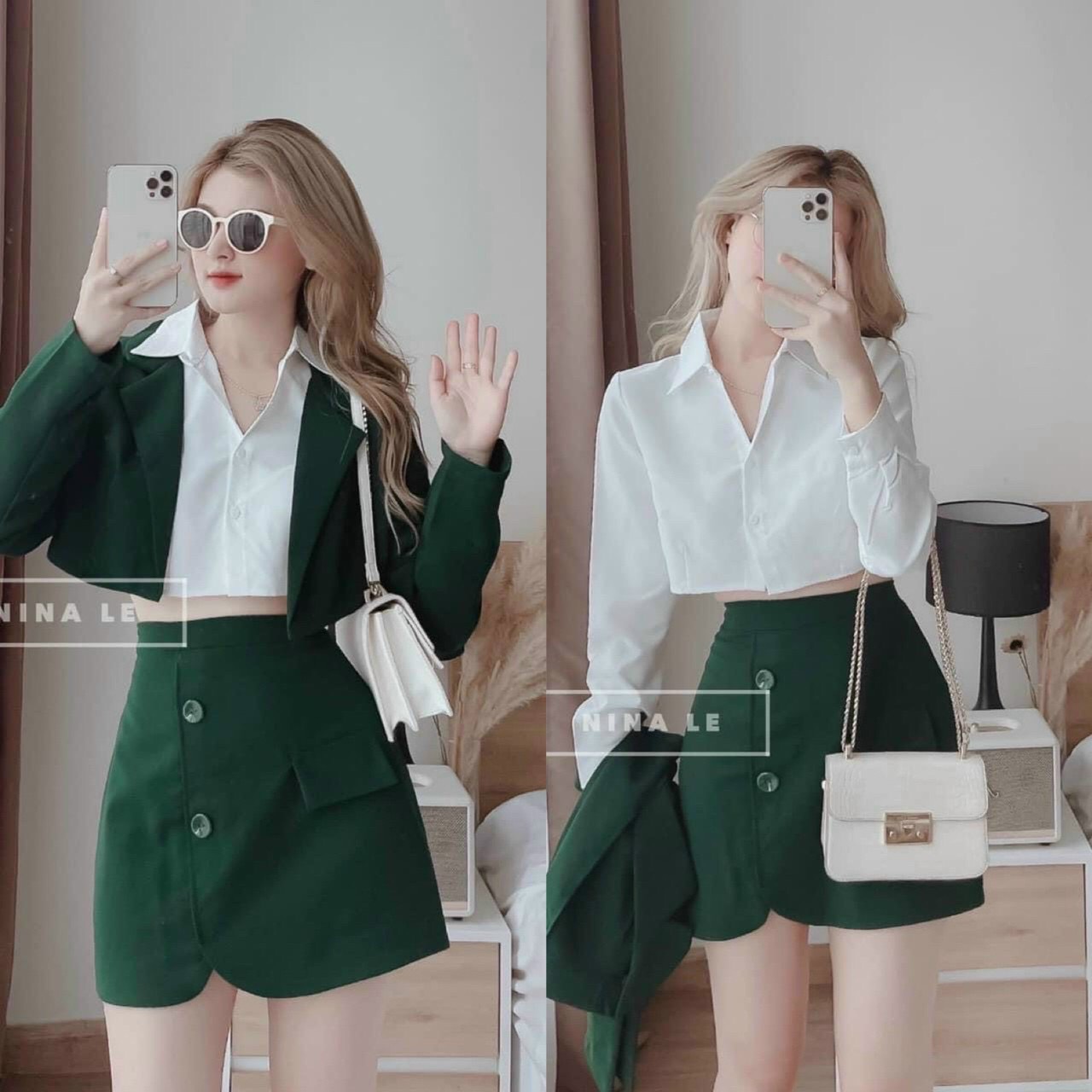 Set 3 món vest áo sơ mi trắng kèm khoác croptop vest xanh và chân váy cho nàng cực xinh năng động, Set đầm kiểu vest kèm áo sơ mi và chân váy cực sang chảnh kiểu hàn Quốc dx