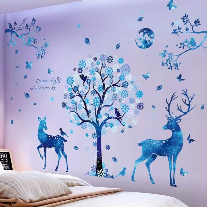 Decal dán tường cây và hươu xanh dương