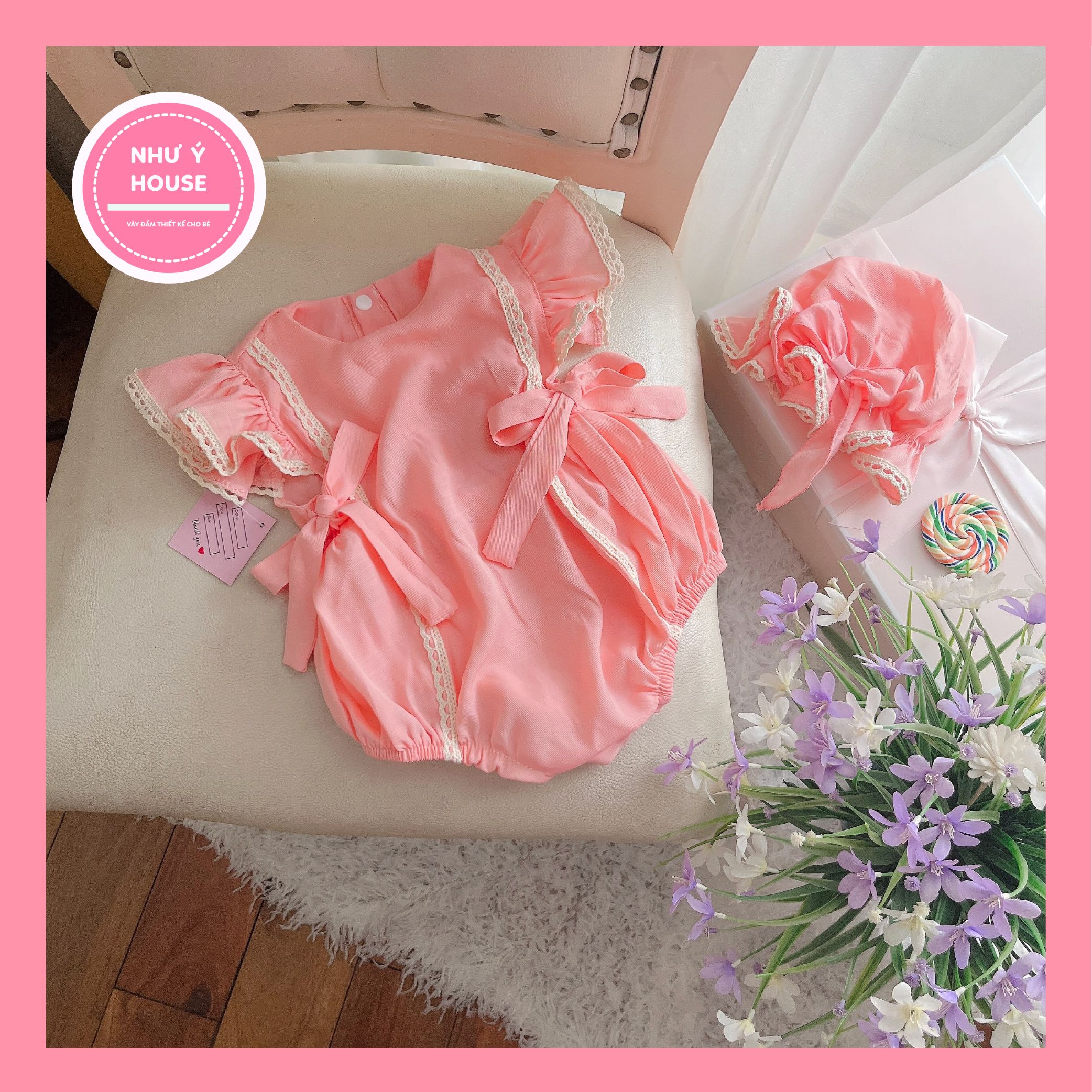 🍭body cho bé gái sơ sinh 𝑲𝑬̀𝑴 mũ + 𝑭𝑹𝑬𝑬𝑺𝑯𝑰𝑷🍭như ý house's-body trẻ em hàng tkcc - body hồng tôm nơ eo